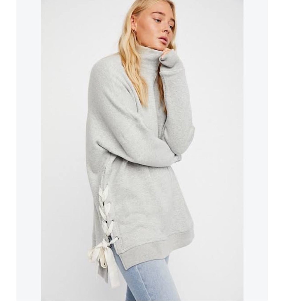 Free People So Plush Pullover Lace Up Sweatshirt Heather Grey Mock Neck Small